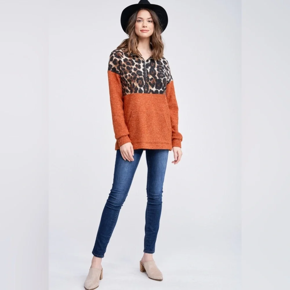 NWT White Birch Long Sleeve Cheetah Print Quarter Zip Pullover Sweater, Rust - Picture 7 of 8